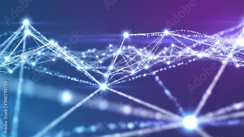 Abstract digital network with connected nodes and glowing data lines.