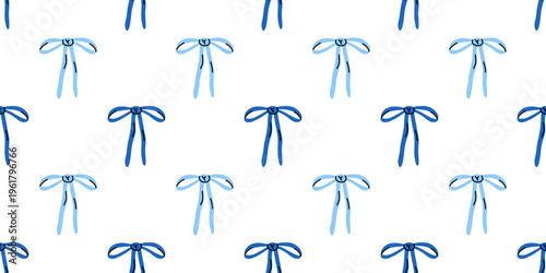 Vector seamless pattern with minimal skinny blue ribbon bow in two shades on white background. Delicate coquette aesthetic repeat print for fabric, wrapping paper, stationery and digital wallpaper.
