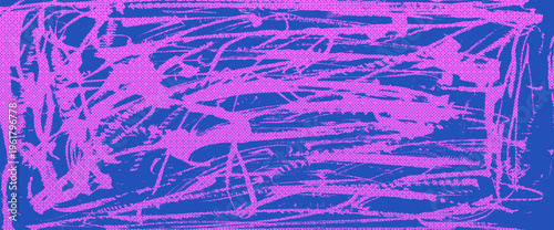 Handmade grungy paint brush strokes texture. Punk abstract background with rough pattern, sporty halftone overlay, bold ink uneven scribbles for modern design. Vector blue fuchsia grunge bg.