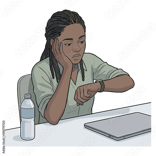 Woman sits bored at desk with laptop and water bottle