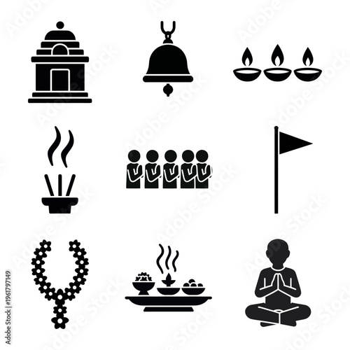 Hindu temple bell and other religious ceremony symbols