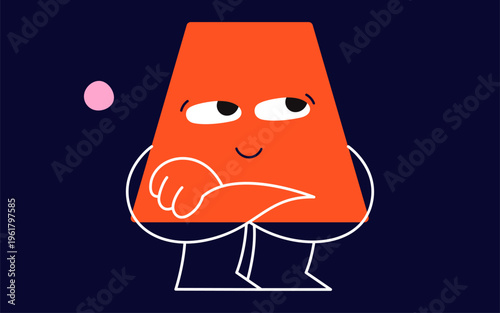 Red trapezoid geometric figure face. Big happy eyes, mouth and stubby arms and legs.