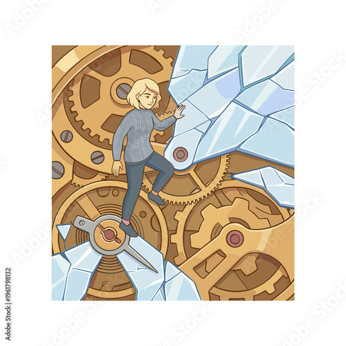 Woman climbs huge gears and cogs in an industrial landscape scene.