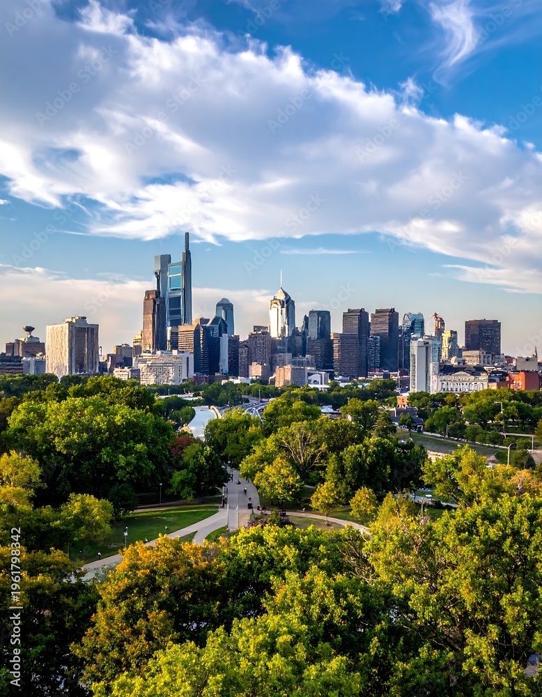 Obraz premium Metropolitan cityscape framed by lush trees under a vibrant sky with scattered clouds