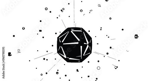 black geometric shape exploding into particles