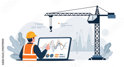 Construction worker analyzing data on laptop near crane.