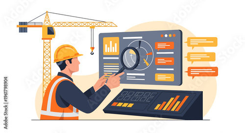 Construction worker analyzing data on screen with magnifying glass.