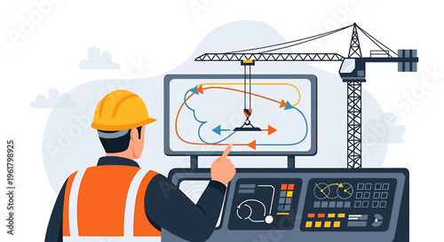 Construction worker in hard hat and safety vest operates crane controls.