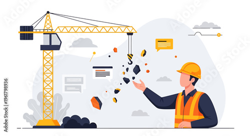 Construction worker in hard hat and safety vest overseeing crane lifting debris.