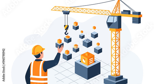Construction worker managing project with crane and building blocks.