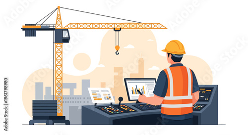 Construction worker operating crane controls at site.