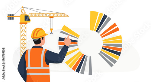 Construction worker with hard hat and safety vest points at a colorful circular chart.