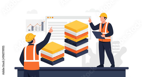 Construction workers analyzing data and project progress on site.