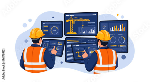 Construction workers analyzing data on screens with cranes.