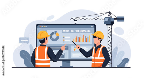 Construction workers analyzing project data on computer screen with crane illustration.