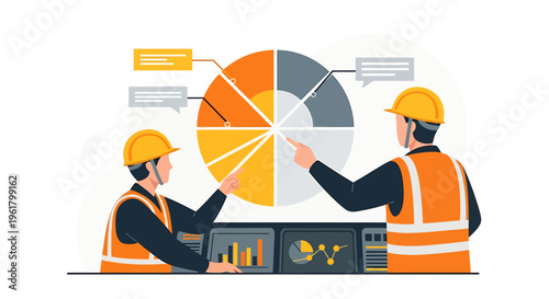 Two construction workers analyzing a pie chart and data on screens.
