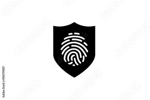 A black shield with a white fingerprint logo on a plain white background