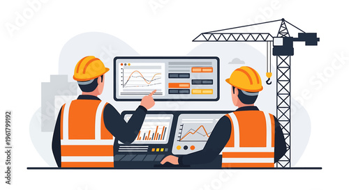 Two construction workers in hard hats and vests monitoring data on screens.