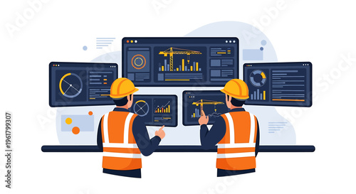 Two engineers in hard hats and safety vests analyze data on multiple screens.