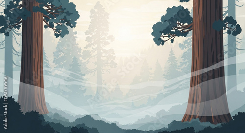 Misty forest landscape with tall trees and foggy atmosphere in natural environment