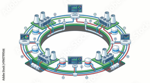Industrial robotic arms working in circular production line with colorful wiring.