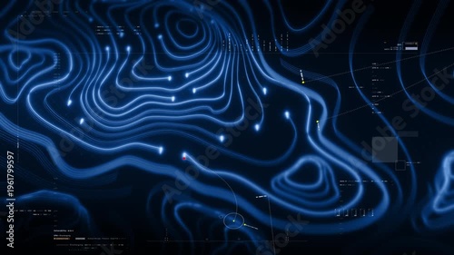 Futuristic holographic topographic environment featuring dynamic geomorphological terrain visualization, integrated into an advanced motion graphic user interface with a head-up display screen