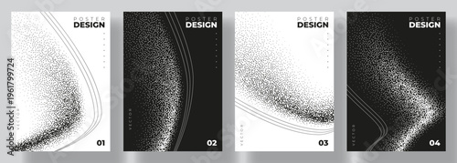Vector flyers with abstract grainy gradient texture. Collection of flyers with waves made by black stipple texture effect. Abstract black gradient waves with stipple effect. Rough noisy dotted banners