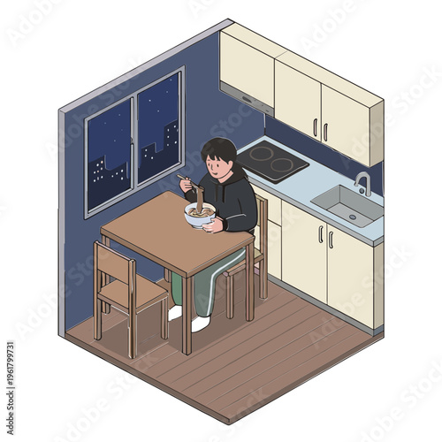 A man sits at a table in a kitchen eating a bowl of food.