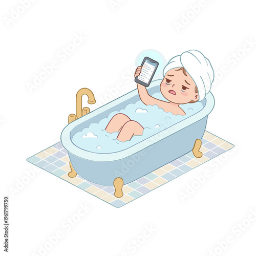 Woman relaxing in bathtub holding smartphone while taking a bath