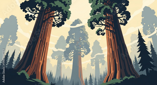 Tall trees in a forest with large trunks and green leaves at sunrise or sunset