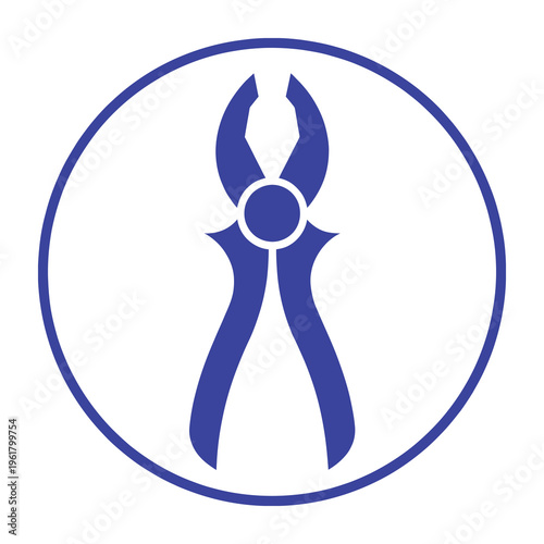 Blue vector icon of a pair of pliers inside a circular outline