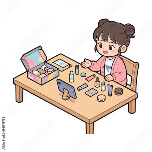 A young girl sitting at a table applying makeup with various products