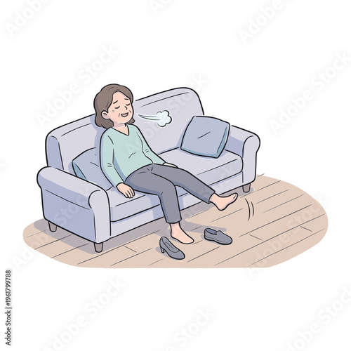 Woman relaxes on couch with slippers off on wooden floor indoors