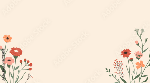 A calming and simple illustration of a flower with green leaves on a cream background, evoking a sense of serenity and natural beauty.