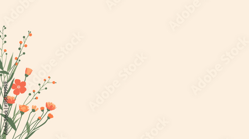 A serene and modern illustration of green stems and leaves with a vibrant orange flower, evoking a sense of calmness and simplicity.