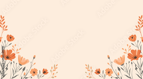 A serene and modern floral design with gray stems and orange flower on a beige background, evoking a sense of calmness and simplicity.