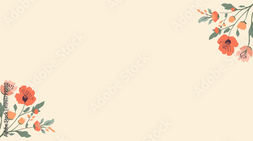 A serene and modern floral design featuring simple flowers and leaves on a cream background, evoking a sense of calmness and elegance.