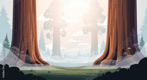 Misty forest landscape with giant sequoia trees at sunrise foggy atmosphere and green undergrowth