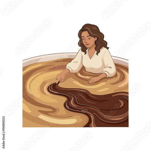 A woman swims through chocolate and coffee in a giant cup.