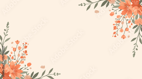 A colorful and modern floral pattern featuring large orange flowers with green leaves on a beige background, perfect for design and decoration project