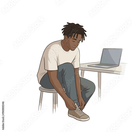A young man sits on a stool tying his shoelaces next to a laptop on a table indoors.
