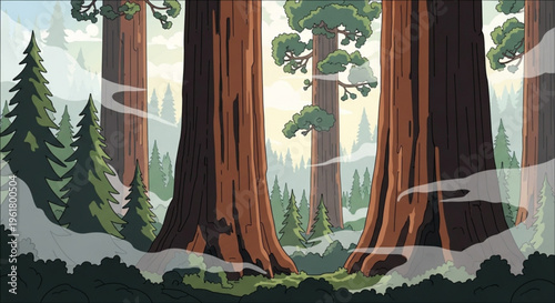 Giant sequoia trees in a misty forest with foggy atmosphere and tall trunks