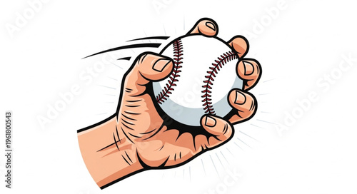 Hand gripping a baseball ready to throw, sports illustration.