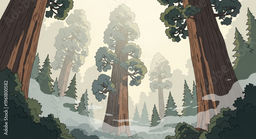 Majestic giant sequoia trees in a misty forest landscape with snow covered ground and foliage