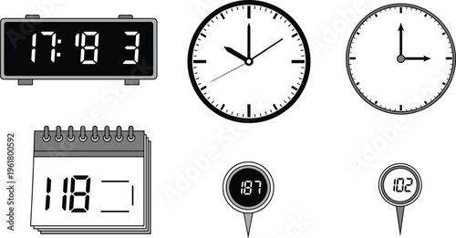 Set of Clock, Calendar, and Time Indicators in Various Styles for Digital and Analog Time Representation in Vector Illustration