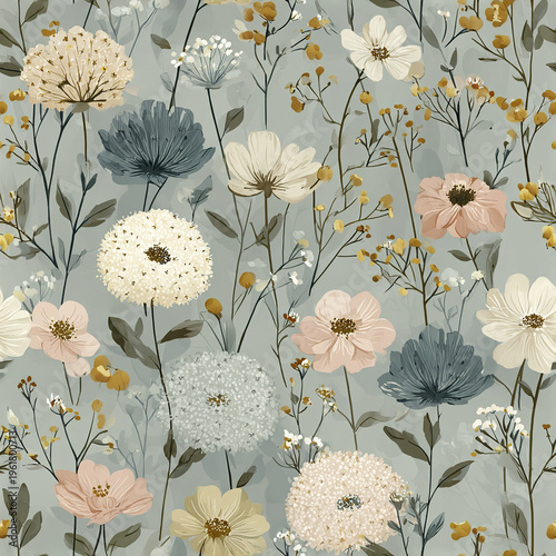 Soft floral pattern with muted pastel tones features delicate wildflowers and leaves on gentle gray background, creating calm and elegant countryside surface design