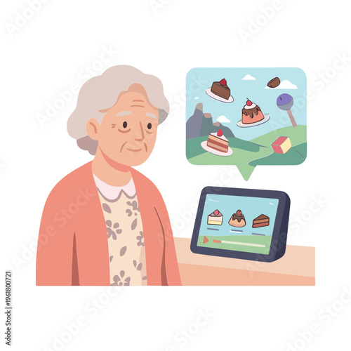 An elderly woman imagines desserts on a tablet in a modern setting.