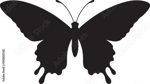 Black butterfly silhouette vector, elegant swallowtail insect shape, minimalist butterfly icon for logo design and nature branding