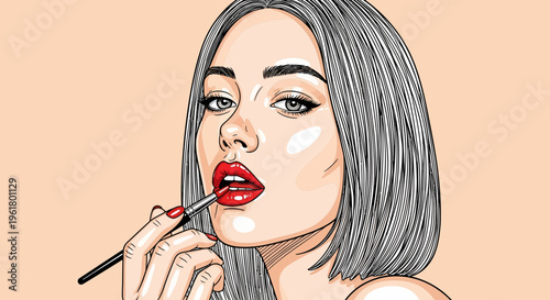 Woman in modern open office setting applying makeup with business-like precision