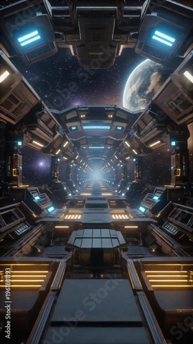 Space station interior with a long corridor and galaxy view